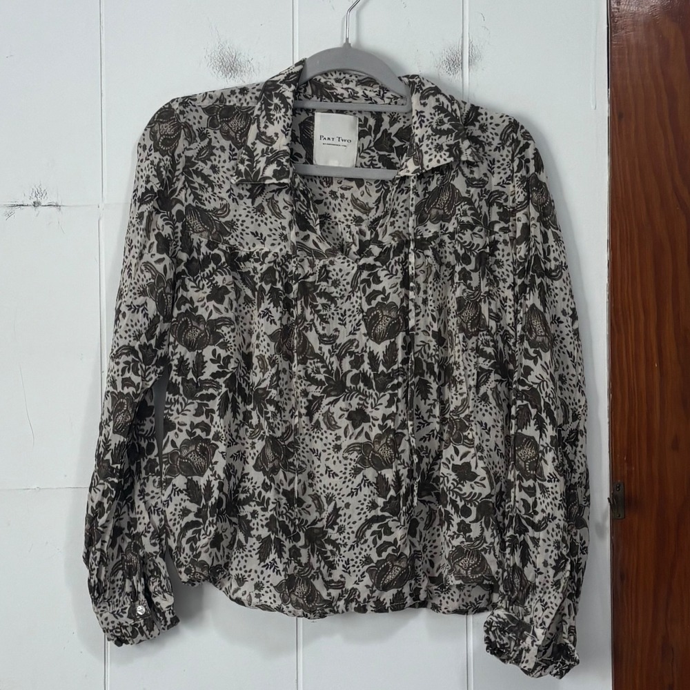 Part Two Floral Print Viscose Tie Neck Blouse Green Cottagecore Size 36